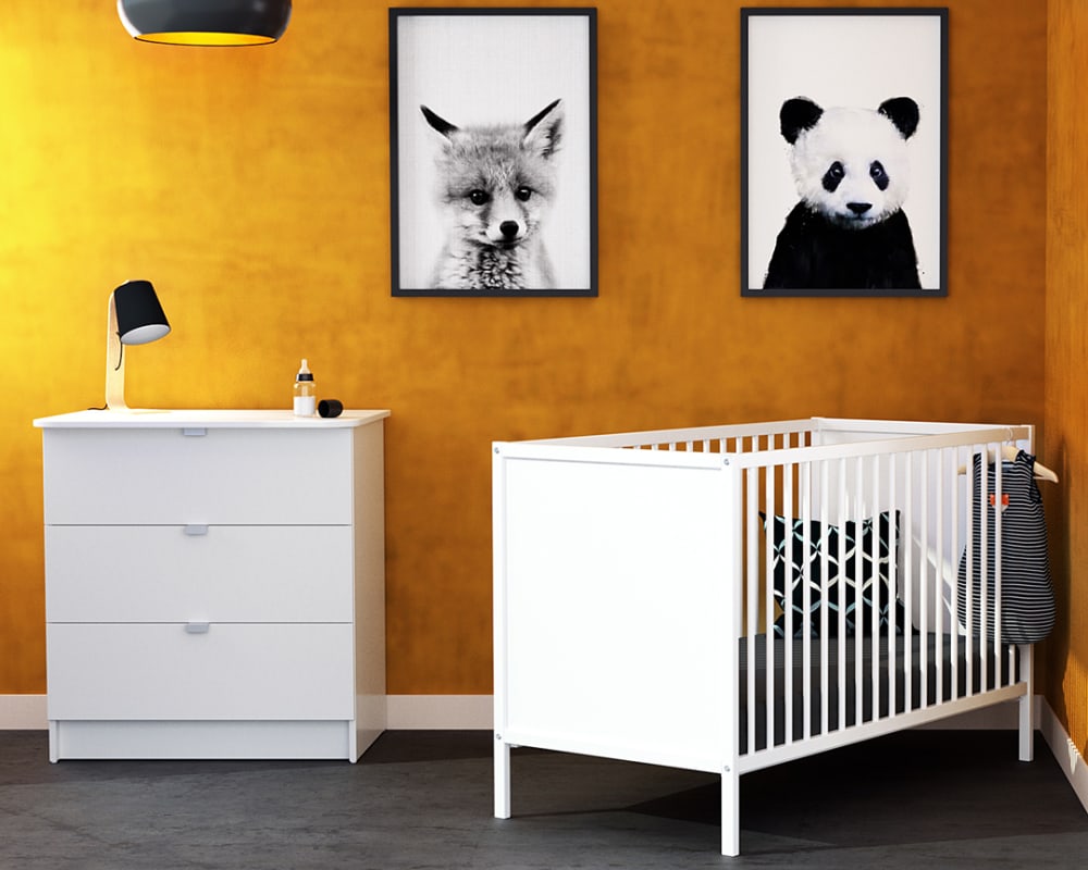 Chambre bébé lit et commode à langer en bois Blanc