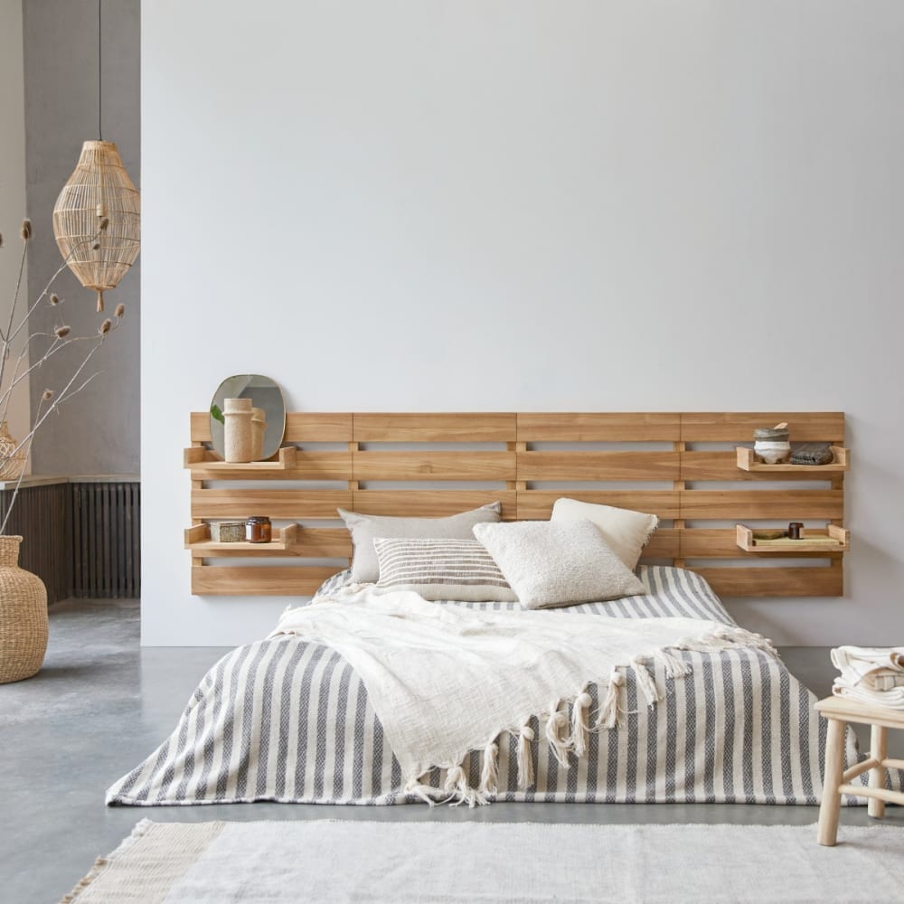 Tikamoon Kopfteil aus Teak massiv mit Ablagen 270 cm style classic chic BEIGE HOLZ Baby