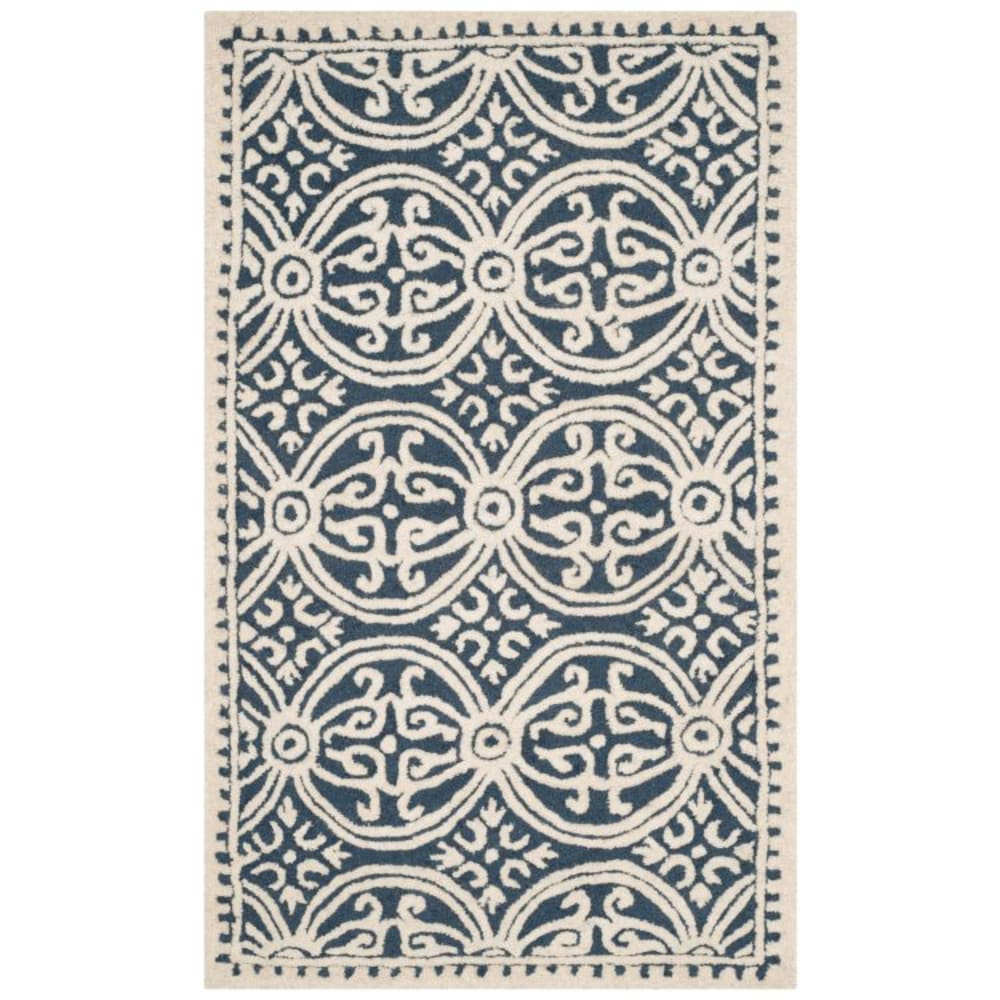 Tapis médaillon en laine bleu/blanc, 122 x 183 cm