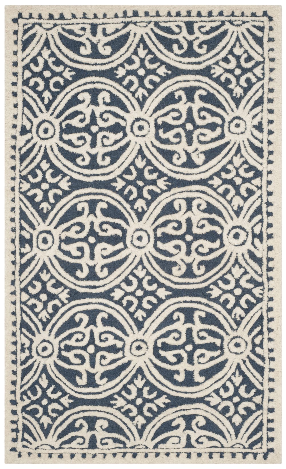 Tapis médaillon en laine bleu/blanc, 91 x 152 cm
