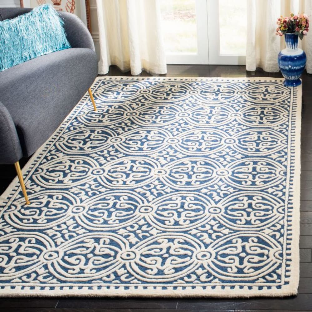 Medaillon Wolle-Teppich in Blau/Weiß, 91 x 152 cm - Maisons Du