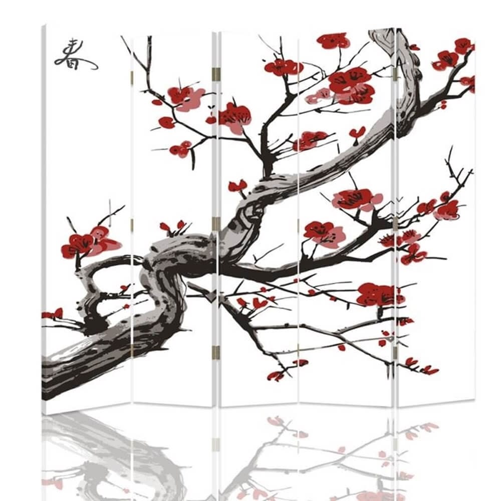 Paravento - Separè Cherry Blossom cm. 180x170 (5 pannelli) - Rosso - PES - Poliestere