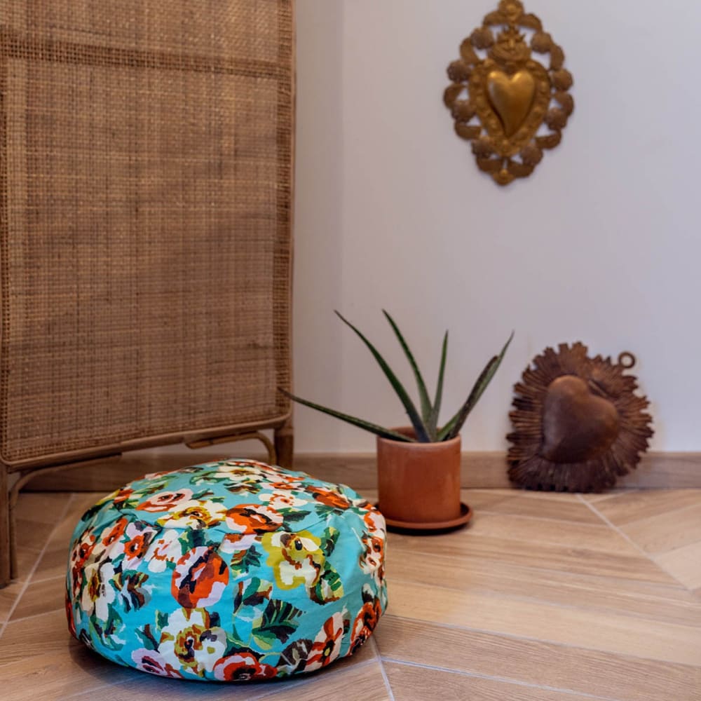 Coussin de méditation, toile coton, 40x40x18 cm, motif fleuri bleu - Maisons du Monde