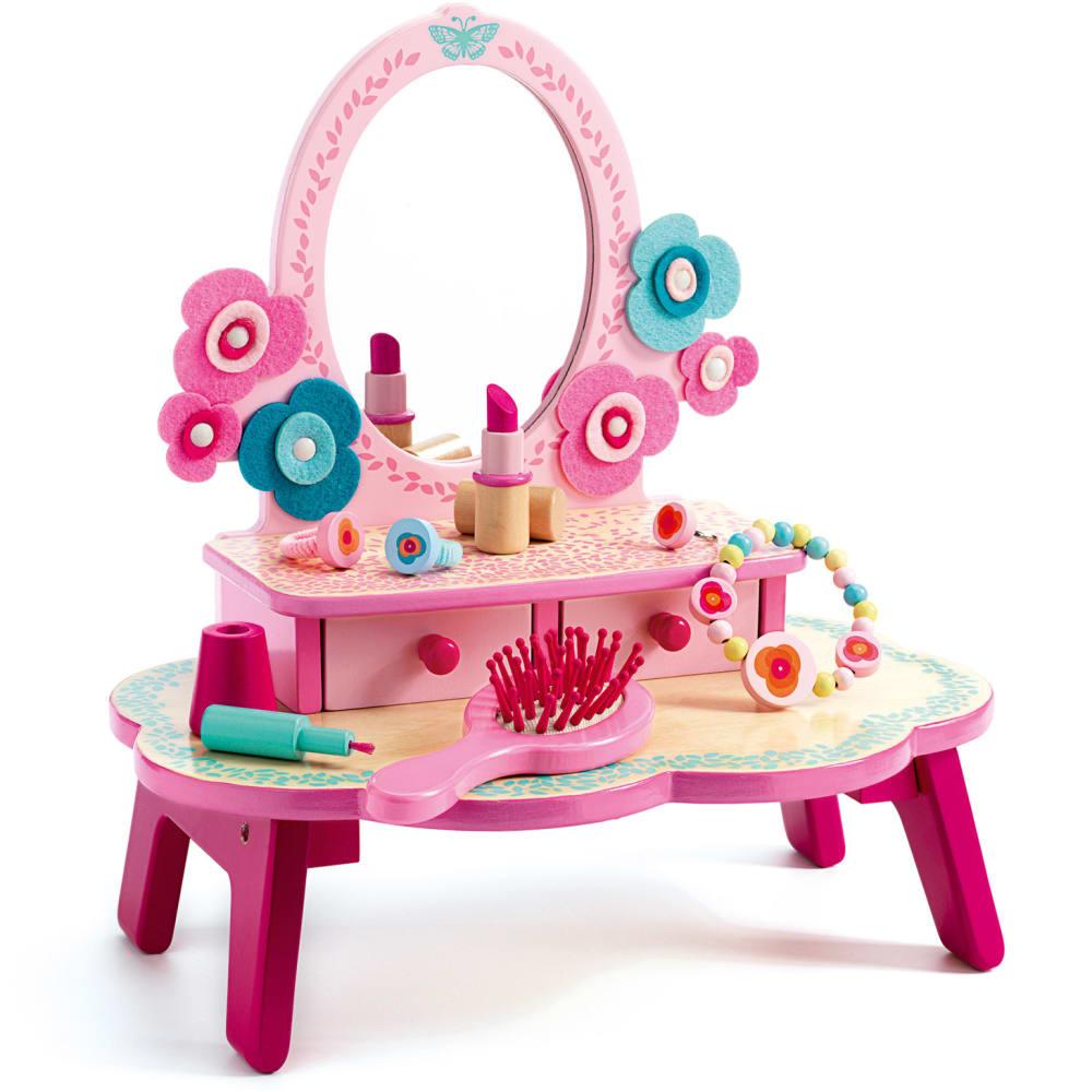 Djeco Coiffeuse enfant Flora style contemporain Rose Bois - 29x24x10cm