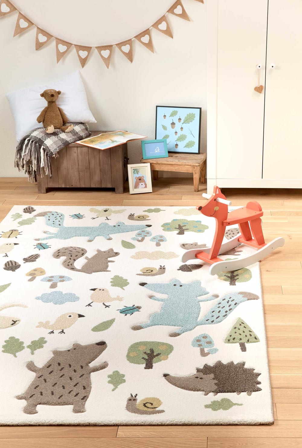 Tapis enfant motif animaux forêt écru bleu 120x170