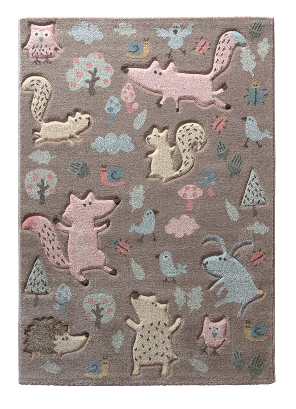 Tapis enfant motif animaux forêt taupe 120x170