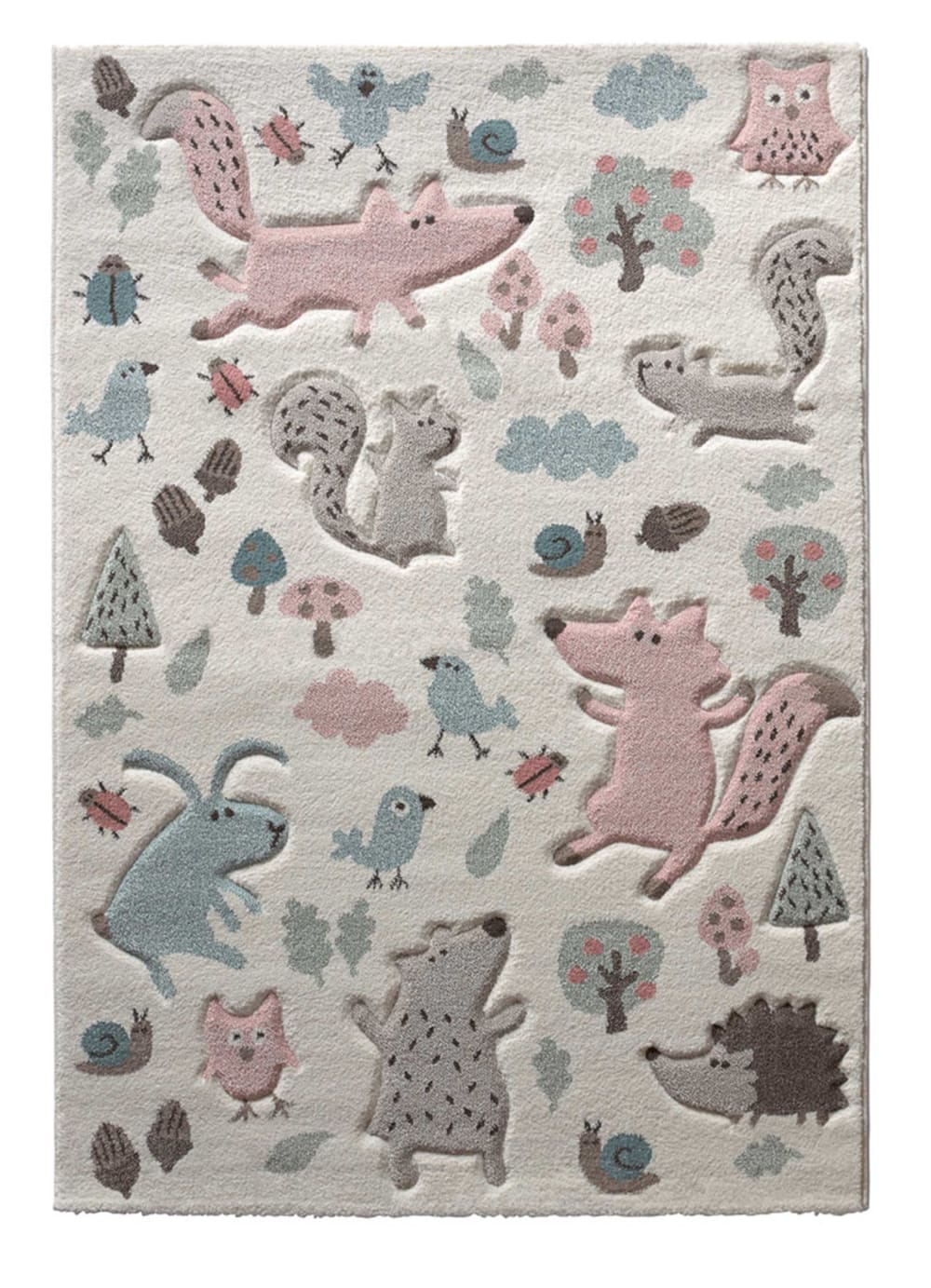 Tapis enfant motif animaux forêt écru rose 160x225