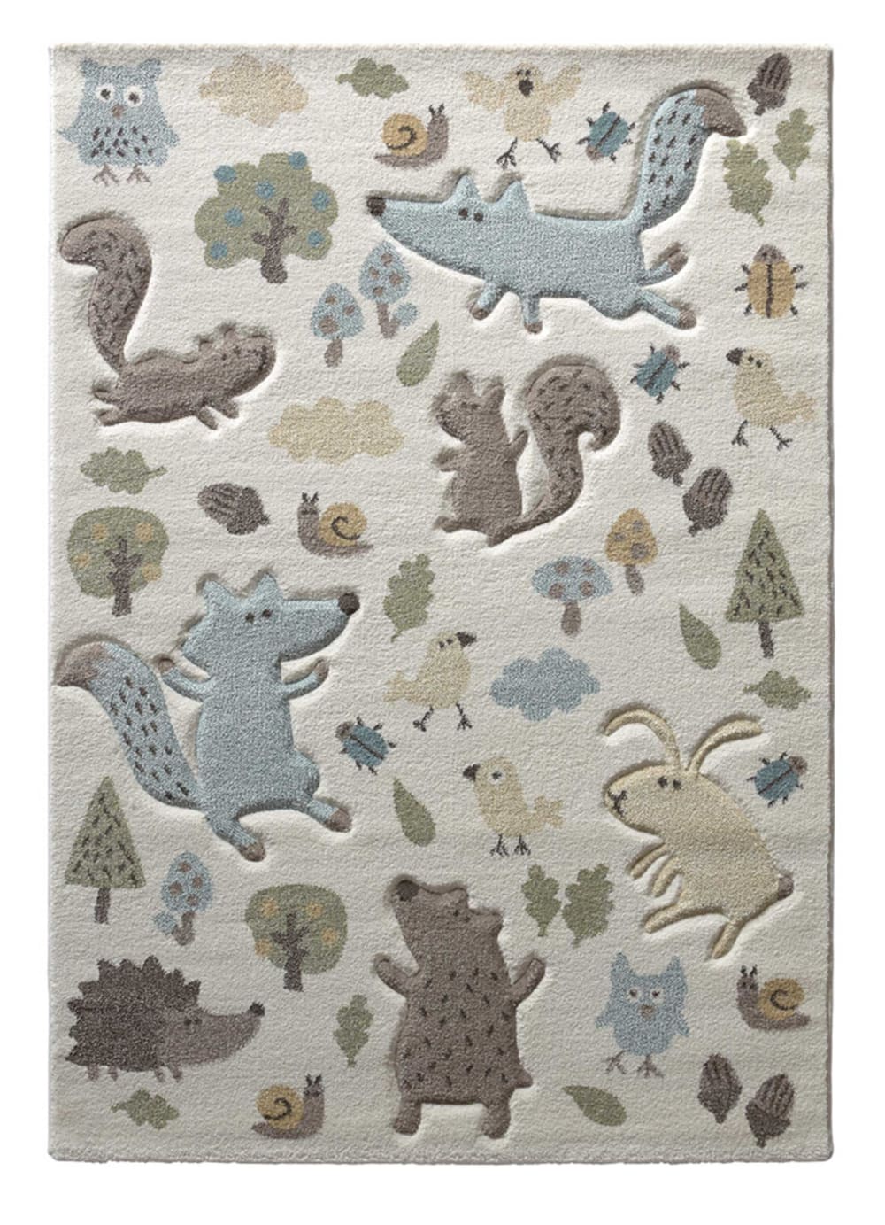 Tapis enfant motif animaux forêt écru bleu 200x290