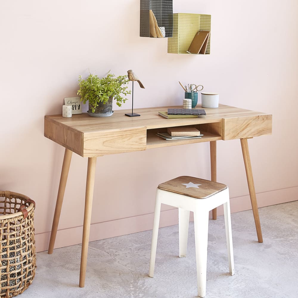 BERAH GETAH Schreibtisch aus Teakholz mit 2 Schubladen und 1 Nische style modern Beige