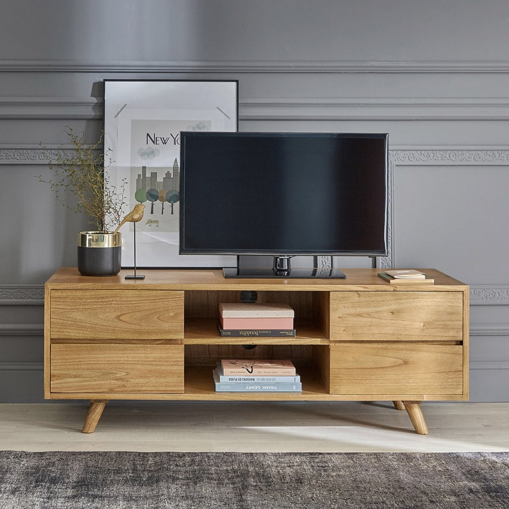 BERAH GETAH Meuble tv en mindi massif 140 cm style contemporain Beige Bois - 140x50x50cm