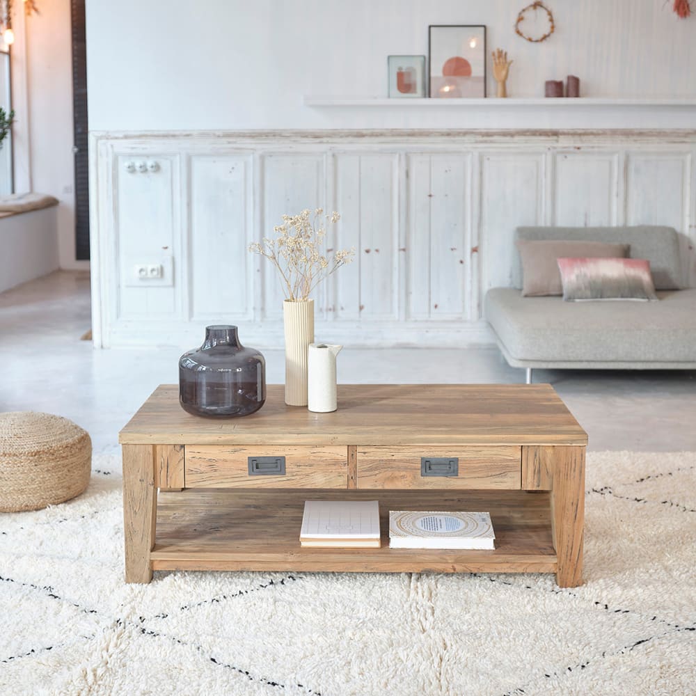 BERAH GETAH Couchtisch 2 Schubladen aus recyceltem Teakholz style modern Beige