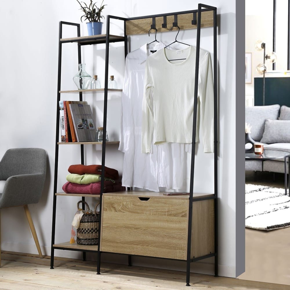 Penderie 4 Crochets 5 Étagères avec Coffre à Chaussures - Marron