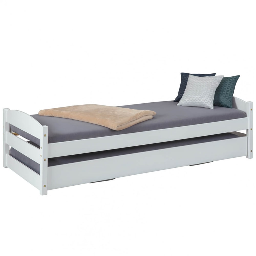 Altobuy Lit 90x200 cm gigogne vernis blanc style classique chic Blanc Bois - 209x62x97cm