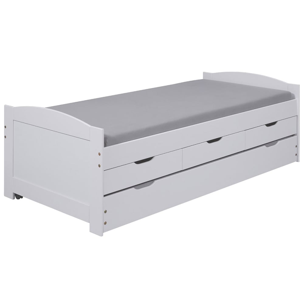 Altobuy Lit ggigogne 90x200cm + 3 tiroirs bois massif vernis blanc style classique chic Blanc Bois - 205x63x98cm