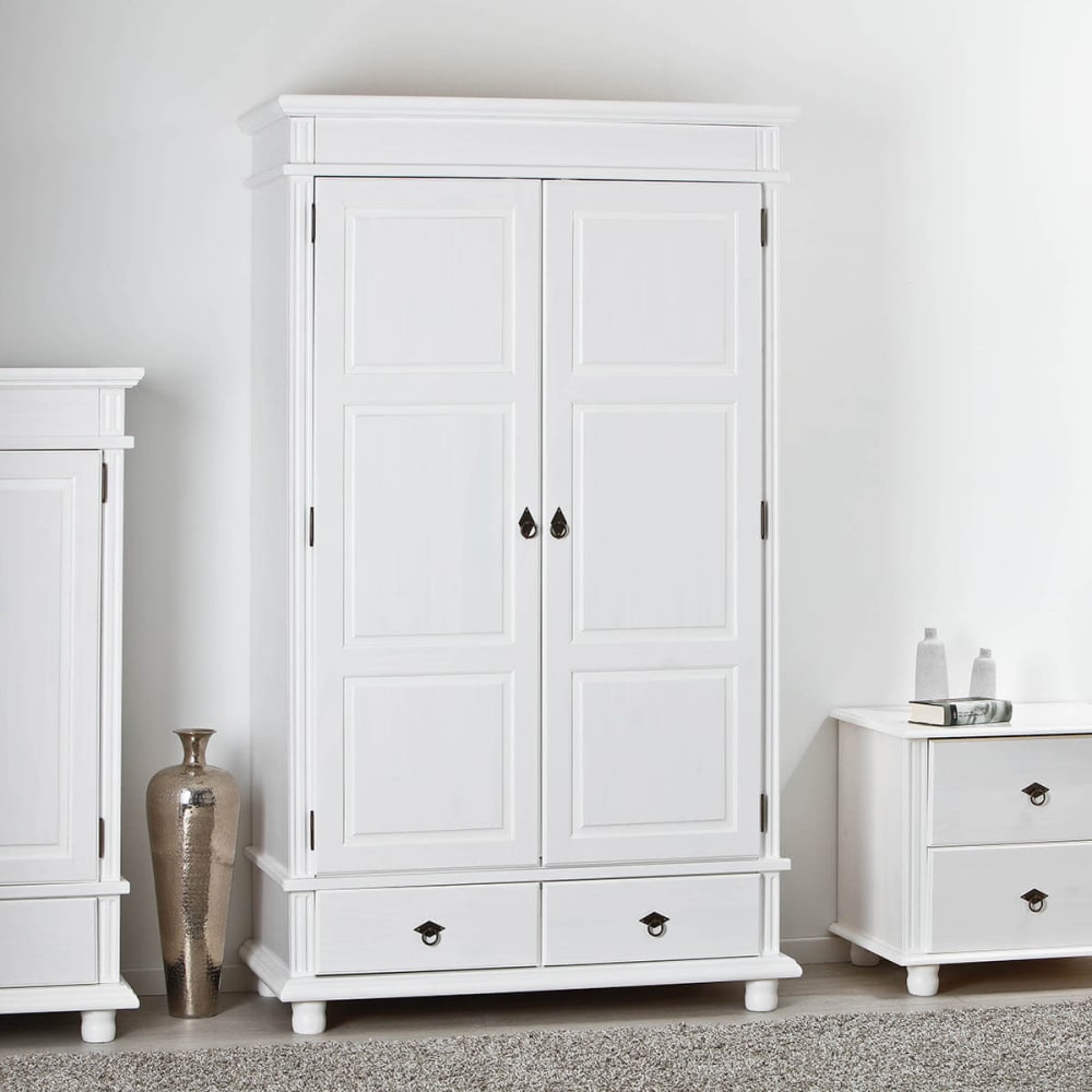 Armoire 2 portes 2 tiroirs en pin massif blanc - Maisons du Monde