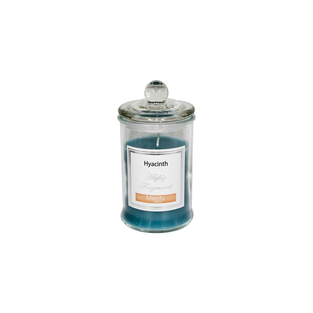 WADIGA Bougie parfumée décorative dans beau pot en verre. Parfum: Jacinthe Poids net: 468g Durée: 75H Dimensions: diamètre 9.5cm x Hauteur 17cm