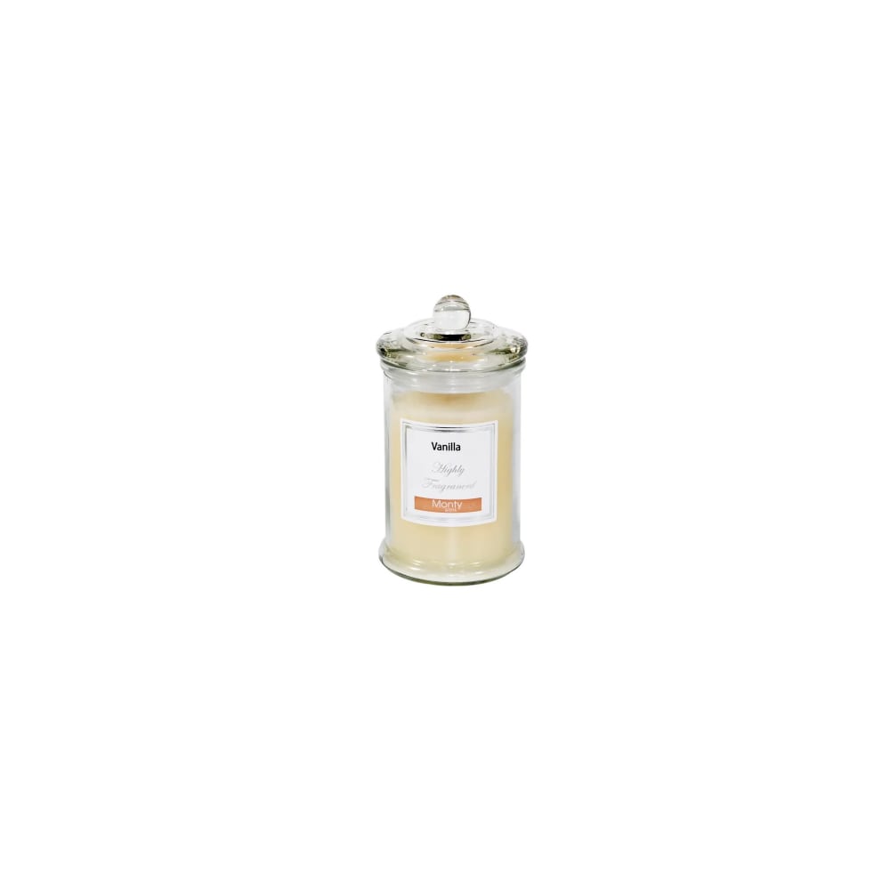 WADIGA Bougie parfumée décorative dans beau pot en verre. Parfum: Vanille - Poids net: 56g - Durée: 45H - Dimensions: diamètre 7.5cm x Hauteur 14cm