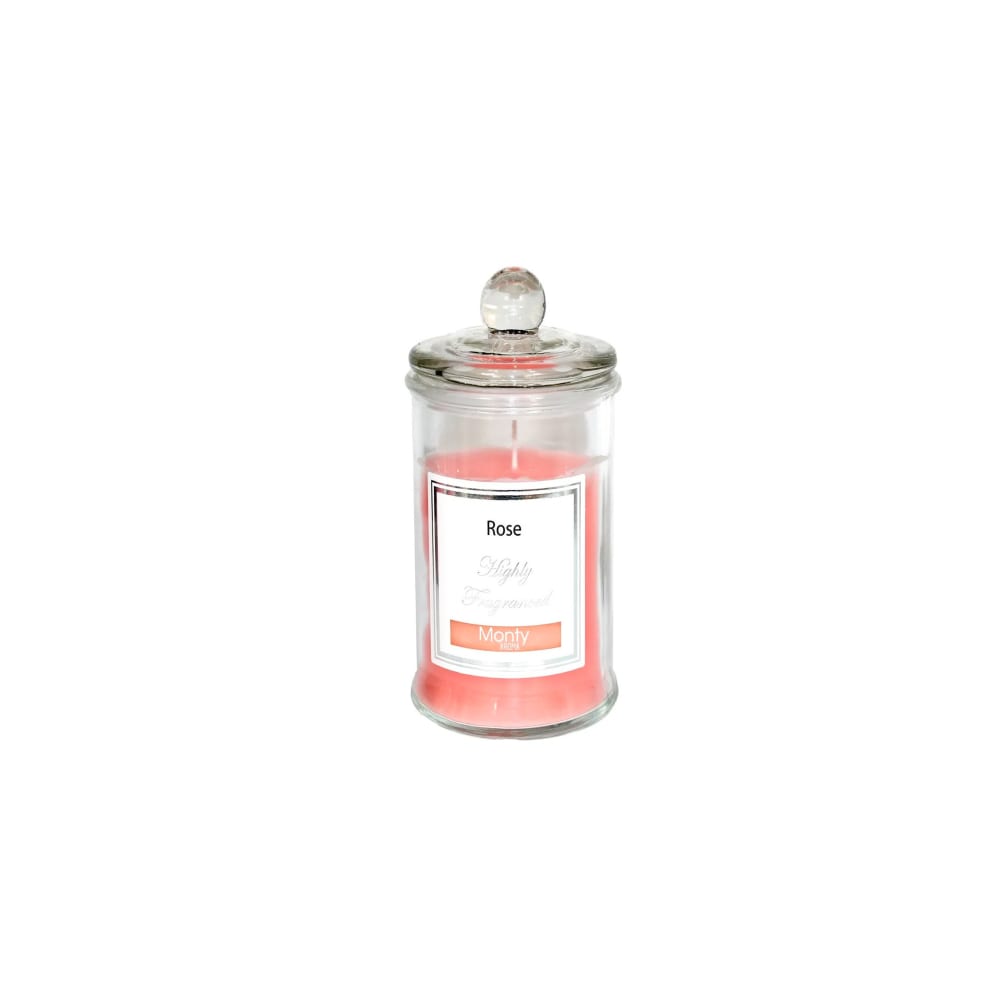 WADIGA Bougie parfumée décorative dans beau pot en verre. Parfum: Rose Poids net: 468g Durée: 75H Dimensions: diamètre 9.5cm x Hauteur 17cm