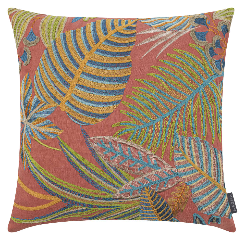 Housse de coussin broderie motif palmes multicolore 60x60