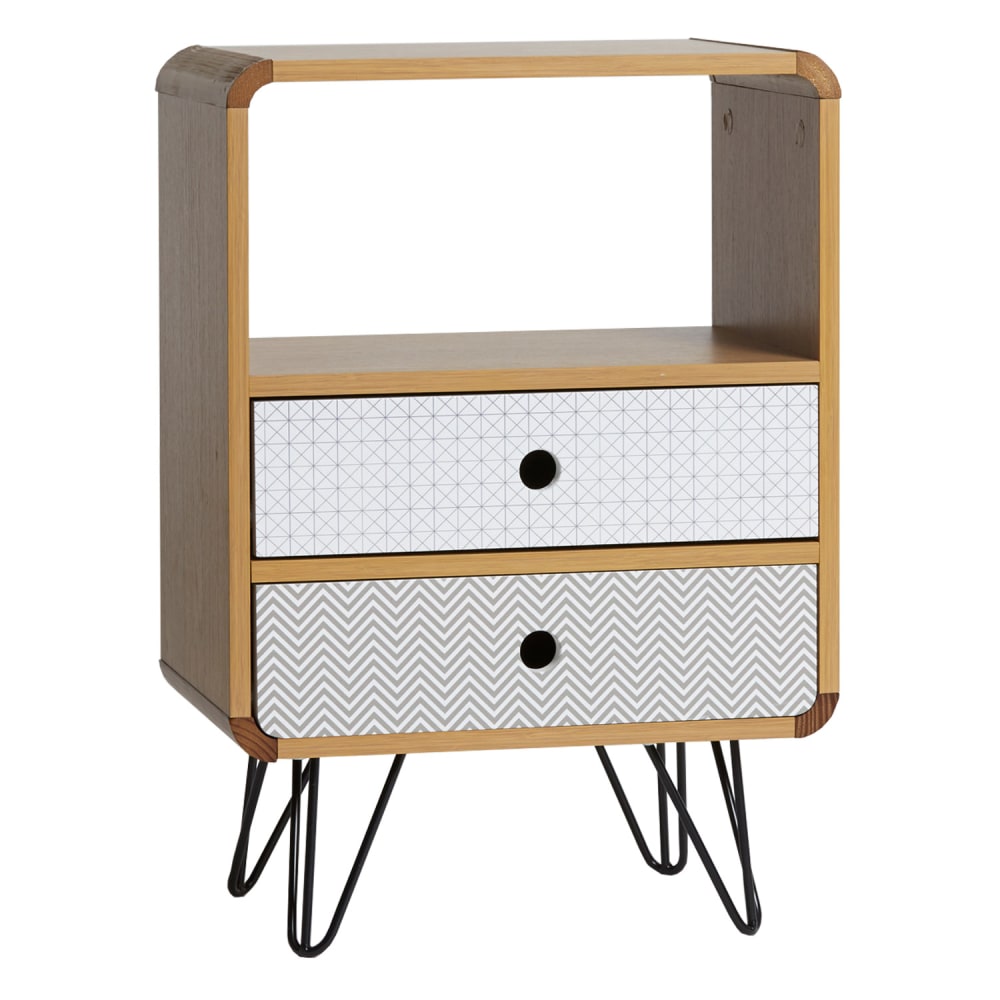 Table de chevet 2 tiroirs, couleur chêne, pieds en métal noir