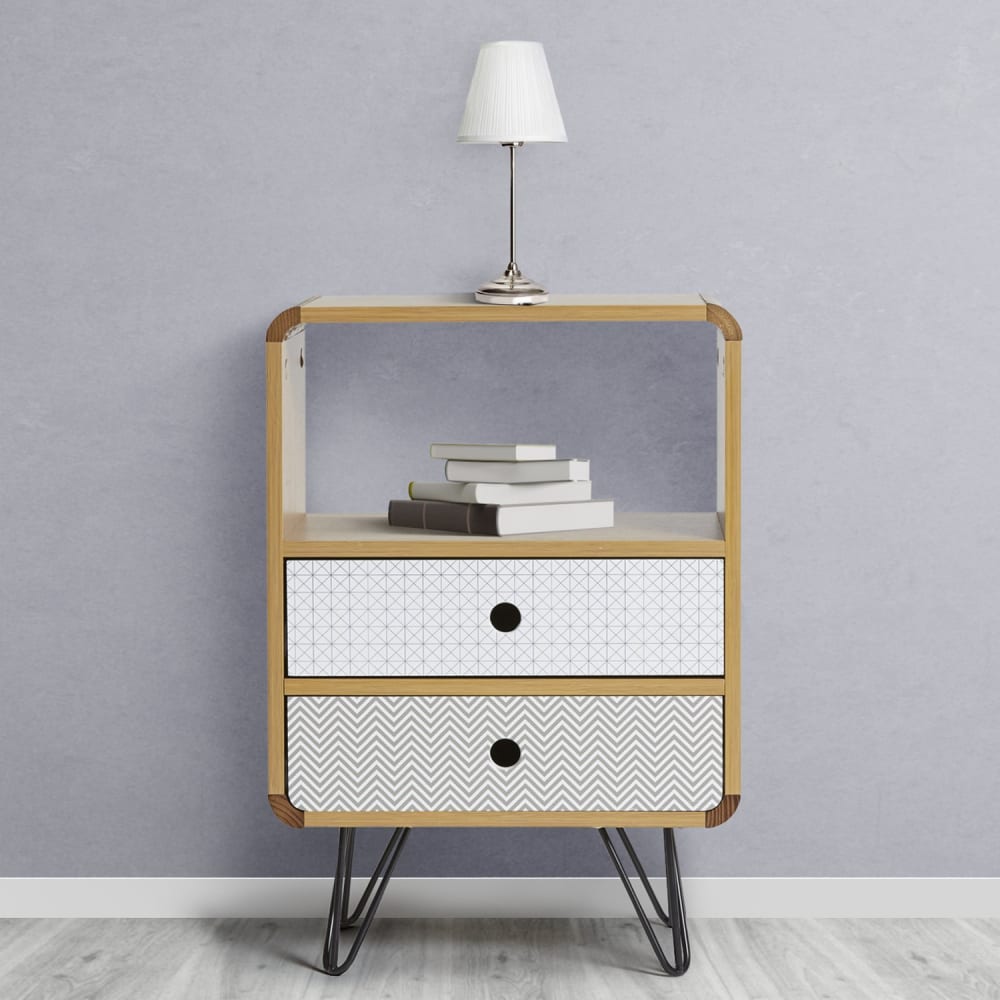 Table de chevet 2 tiroirs, couleur chêne, pieds en métal noir