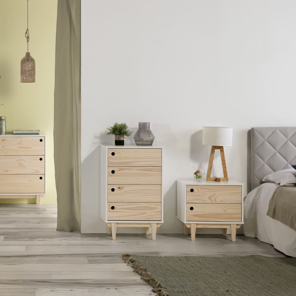 Table de chevet avec 2 tiroirs en couleur blanc, pieds bois naturel
