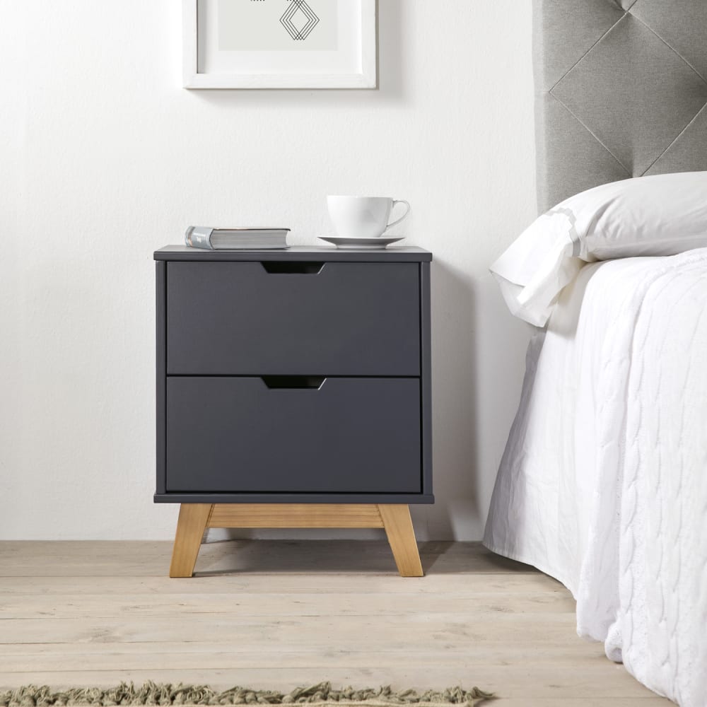 Mesita de noche de 2 cajones antracita, dm lacado, patas de madera - Maisons du Monde