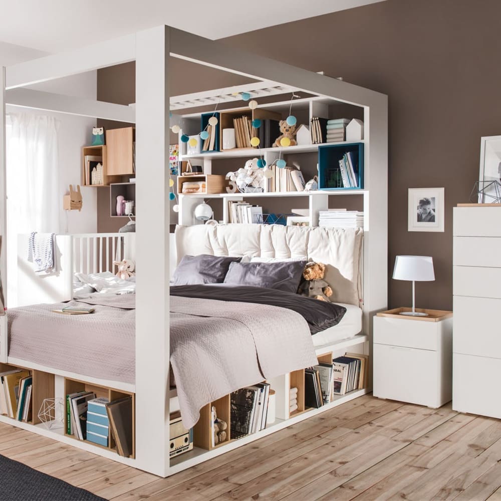 Chevet 2 tiroirs blanc et plateau décor chêne - Maisons du Monde