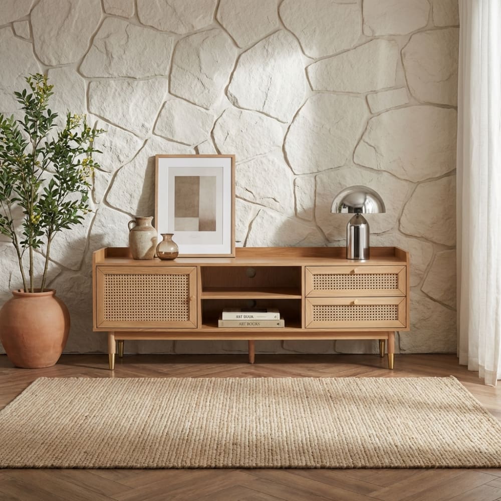 Meuble TV chêne et cannage rotin 160cm