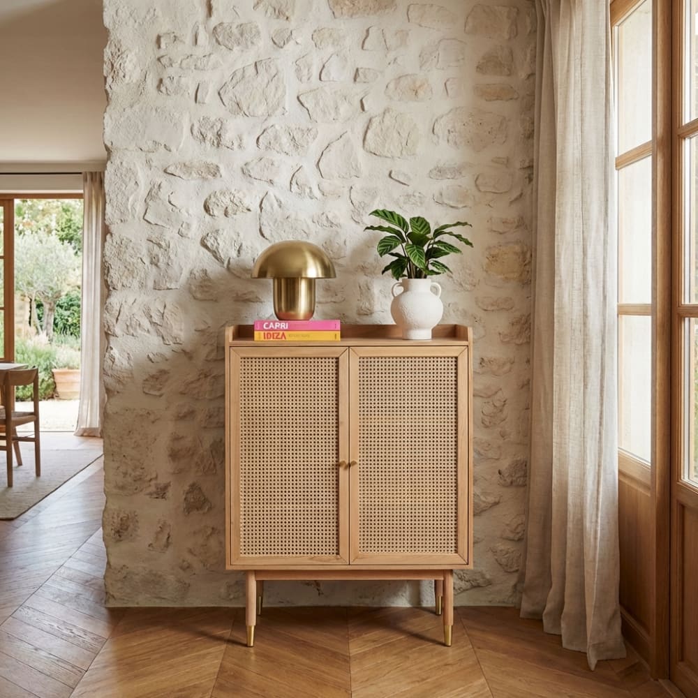 Buffet haut   chêne et cannage rotin  90cm