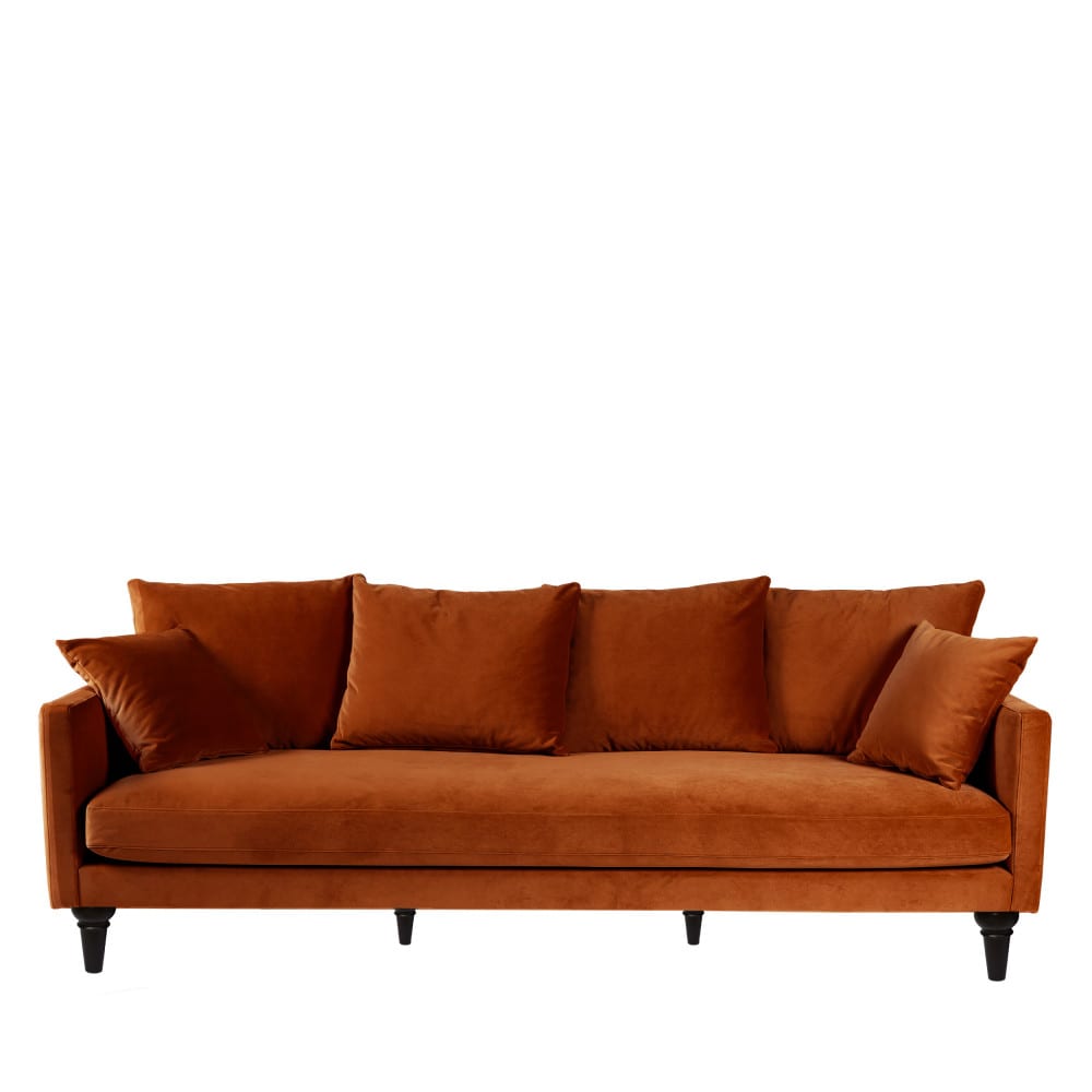 Canapé 4 places en velours pieds tournés - Rouille