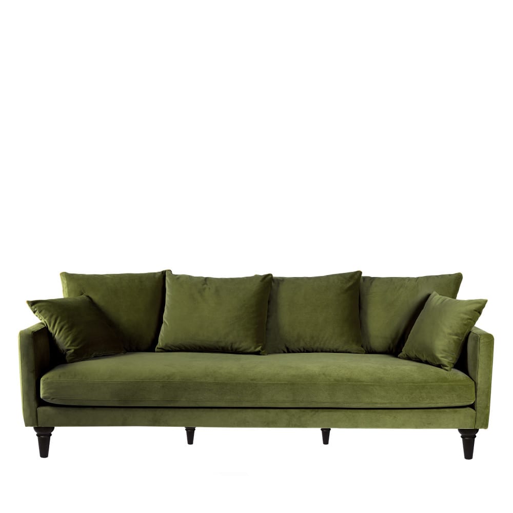 Canapé 4 places en velours pieds tournés - Vert olive