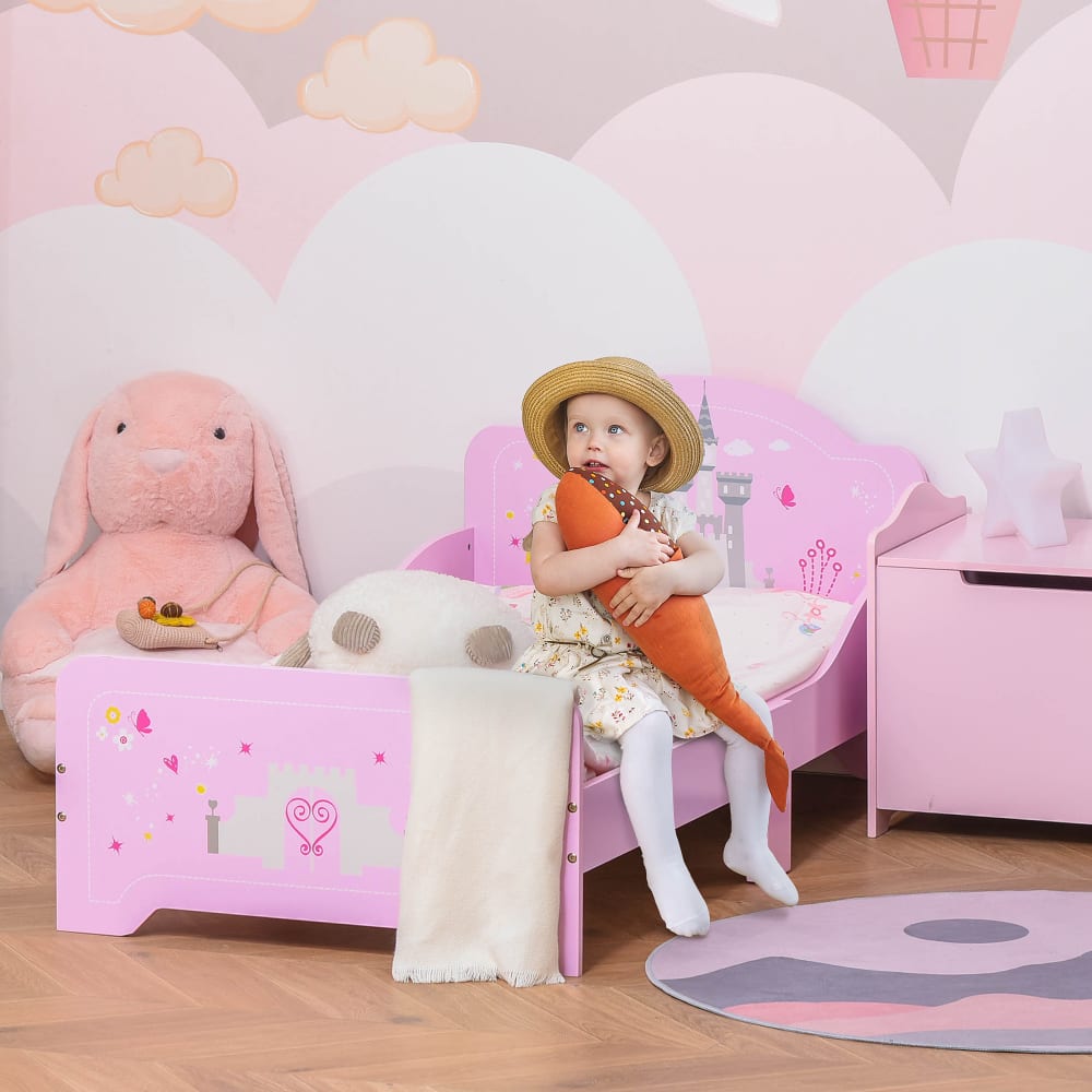 Lit d'enfant design princesse motif château sommier inclus rose
