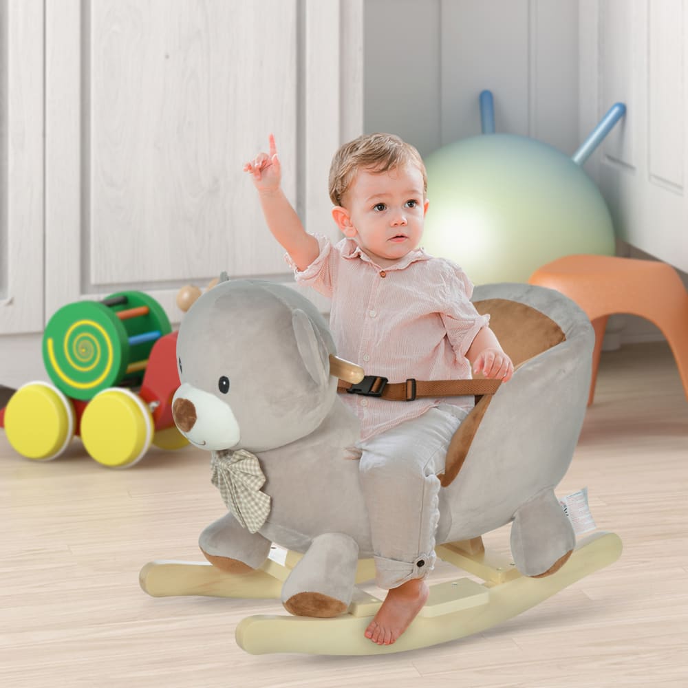 Jouet à bascule ourson sonore fauteuil intégré ceinture gris marron