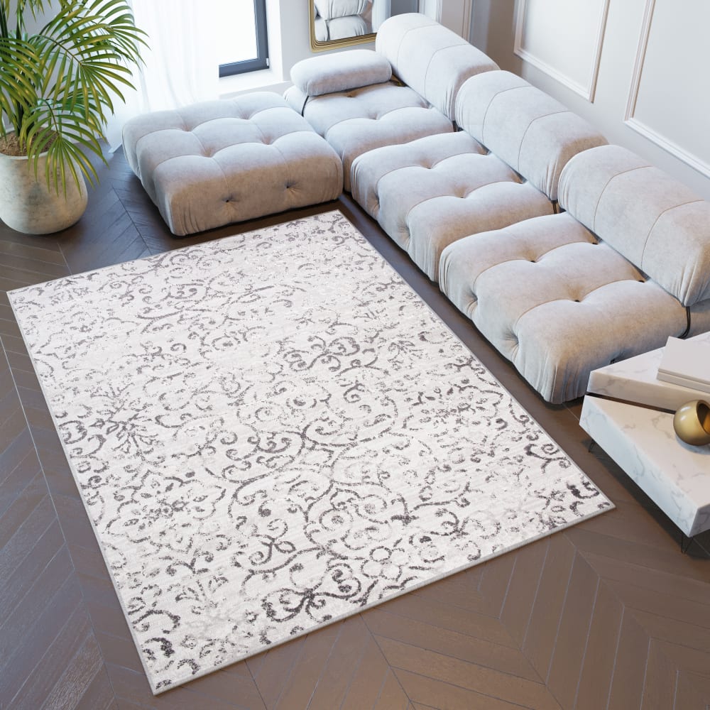 Alfombra de salón crema gris vintage flores adorno suave 80 x 150 cm - Maisons du Monde