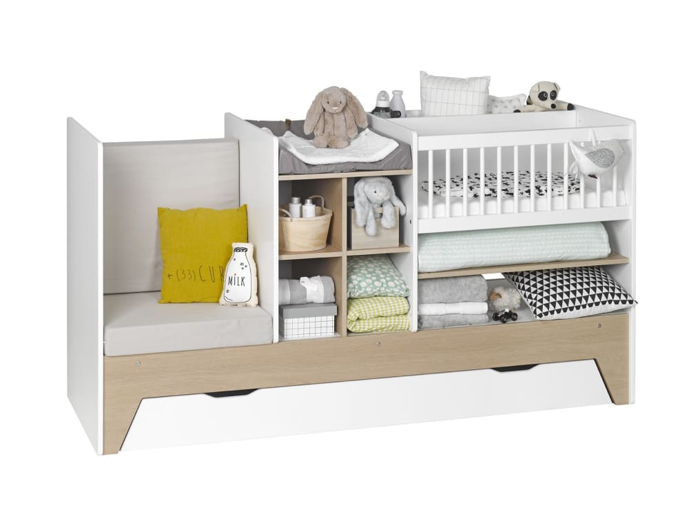 Nateo Concept - Lit bébé évolutif 3 en 1 Blanc et Chêne