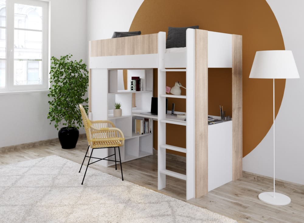 Lit mezzanine avec bureau 90x190 Blanc et Bois