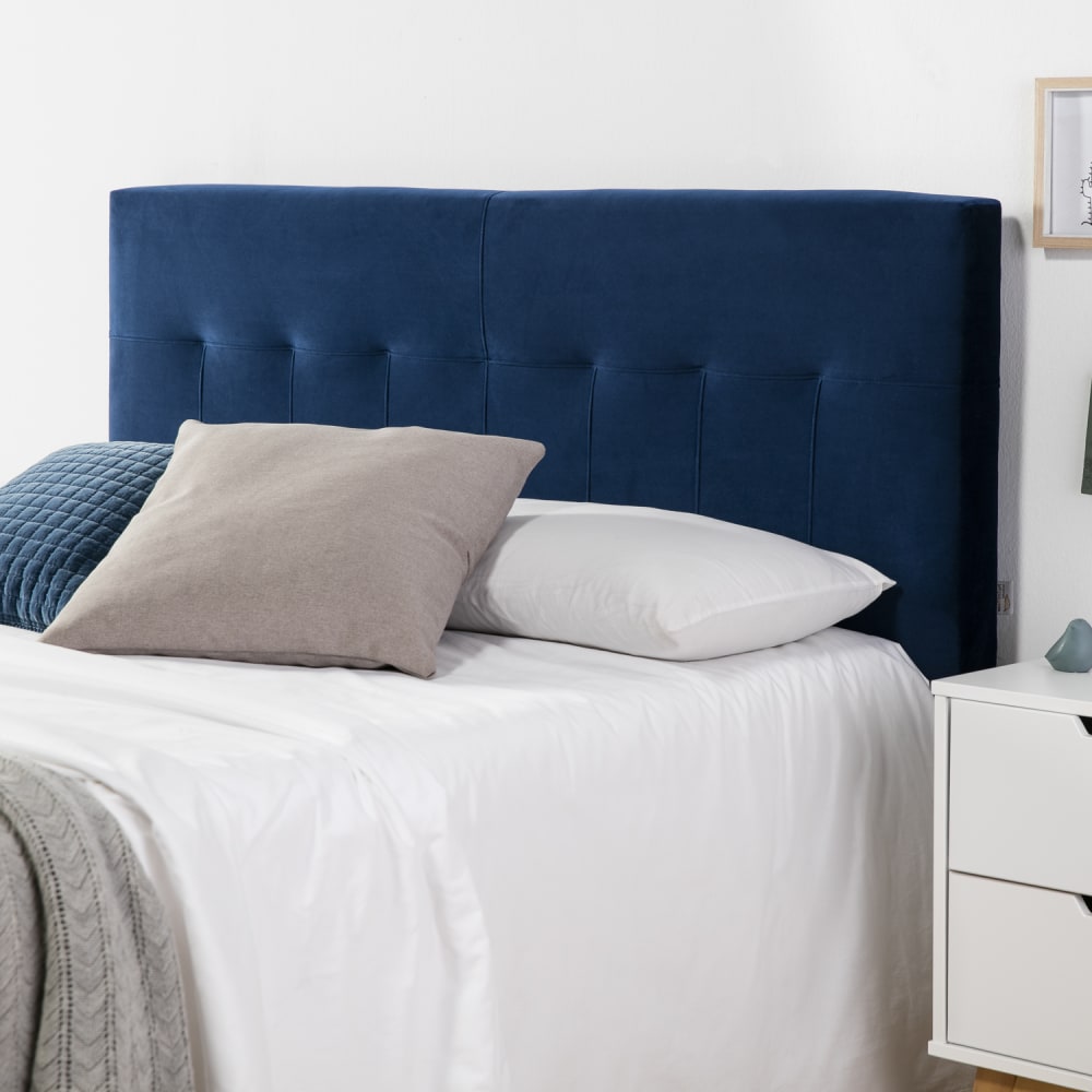 Cabecero tapizado 160x100 cm azul, terciopelo, patas de madera - Maisons du Monde