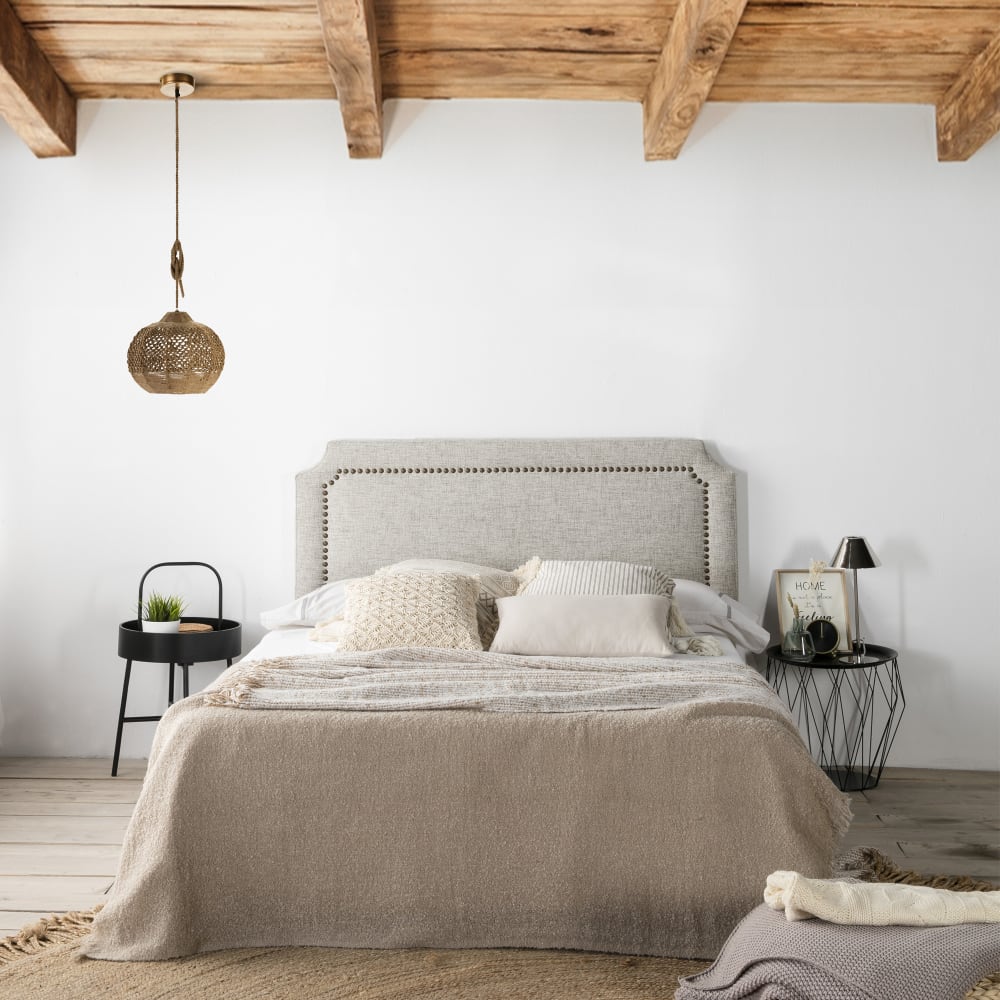 Tête de lit tapissée 140x60 cm gris, clous en marron