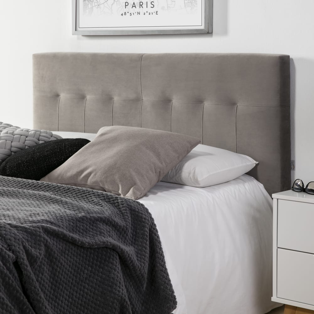 Testiera rivestita in velluto 160x100 cm color grigio, gambe di