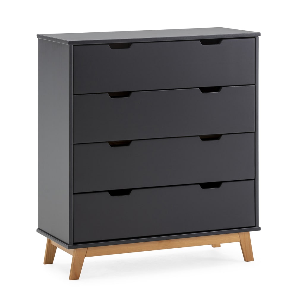 Cómoda de noche 4 cajones antracita, dm lacado, patas de madera