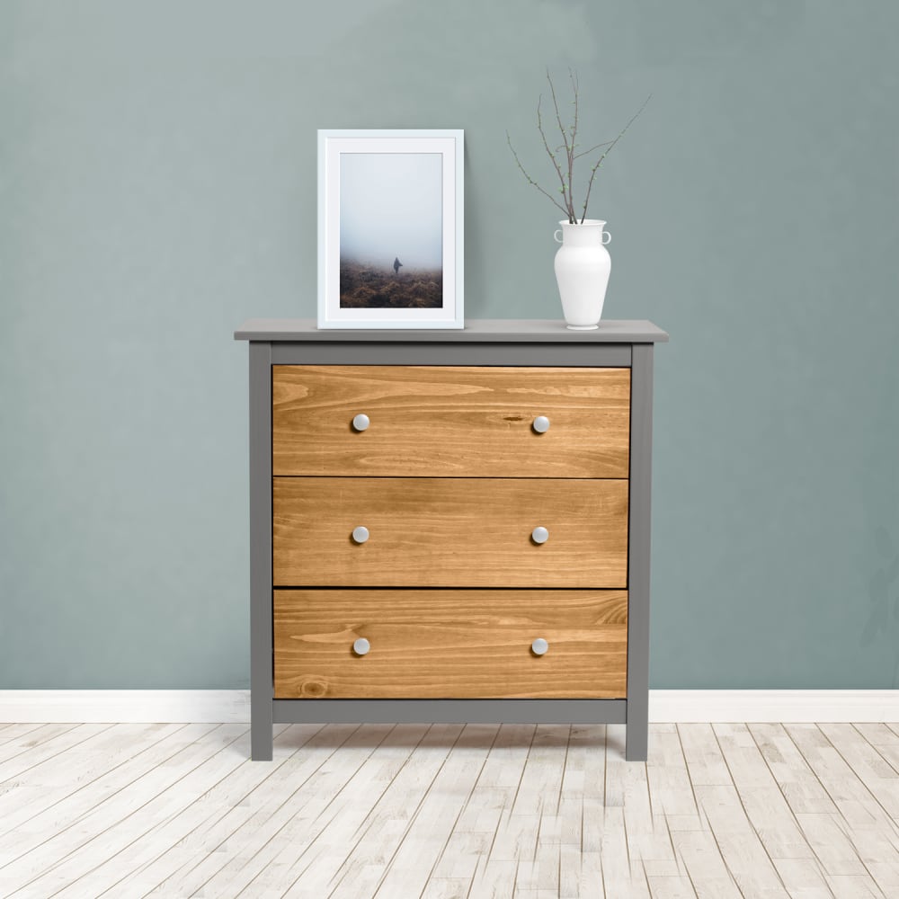 Commode gris 3 tiroirs, fabriqué en bois de pin massif