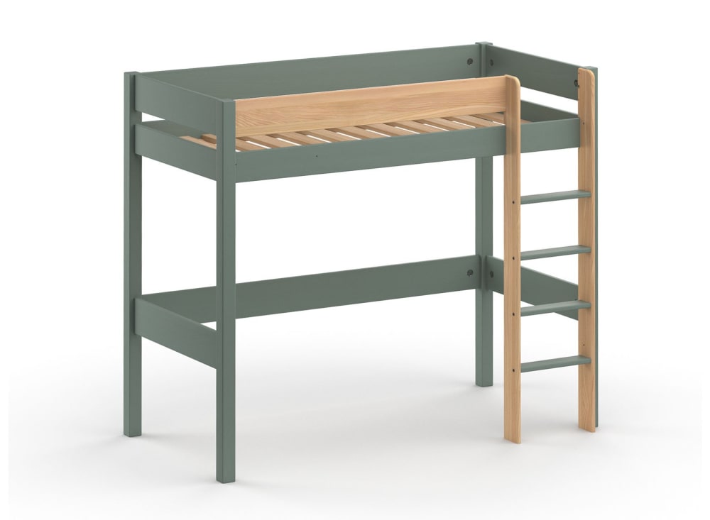 Lit mezzanine 90x190 en Pin massif Kaki et Bois