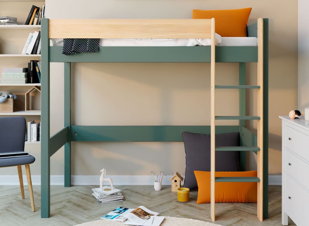 Lit mezzanine 90x190 en Pin massif Kaki et Bois