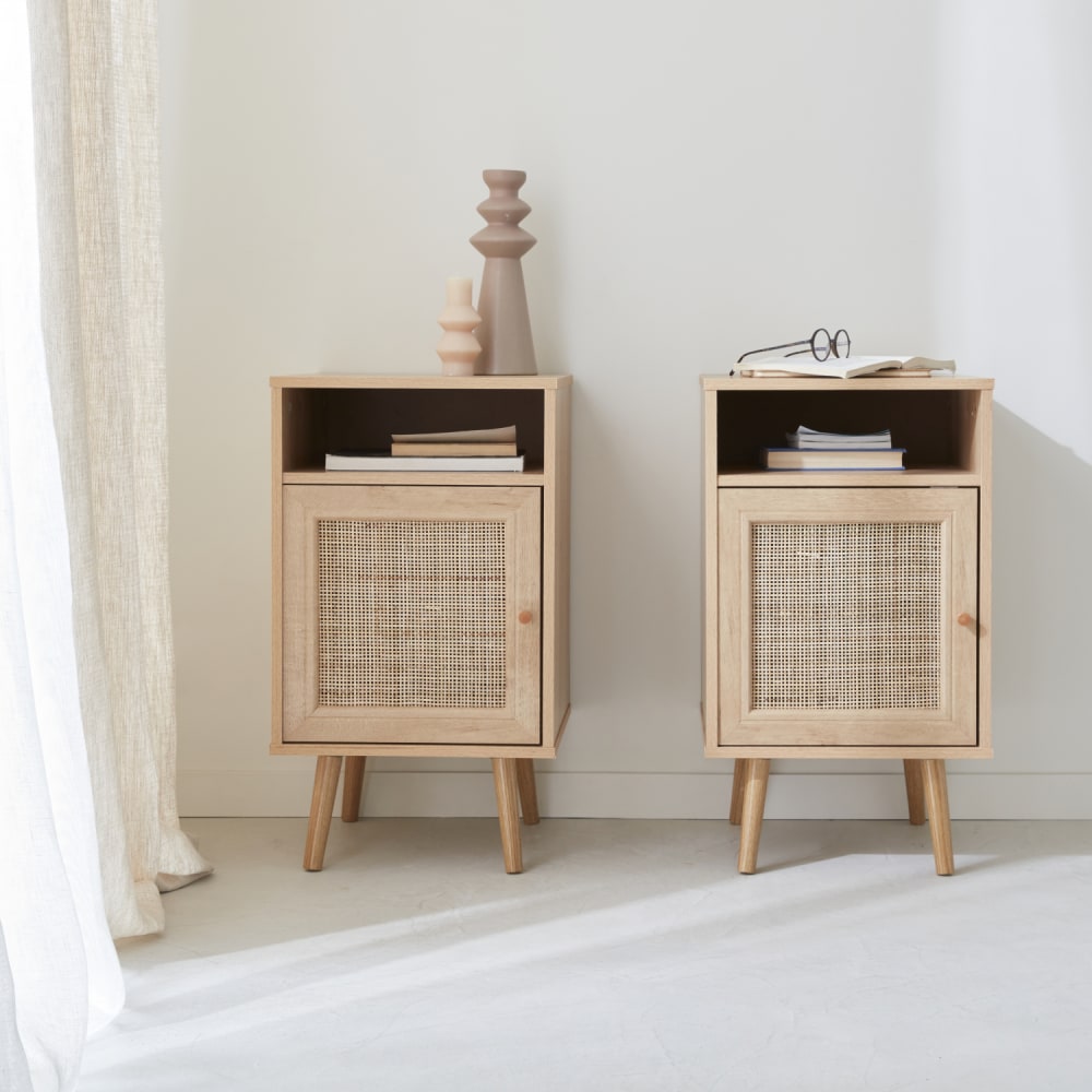 sweeek Set aus 2 Nachttischen mit Rattangeflecht - Bohème style classic chic Beige Spanplatte