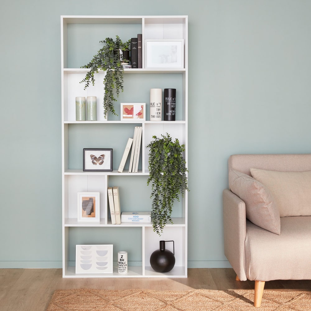 sweeek Bücherregal Asymmetrisches Design in weiß, 5 Ebene, 10 Staufächer – style modern - Spanplatte