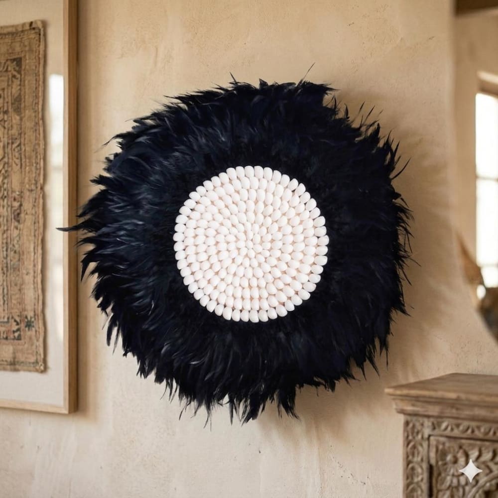 Decorazione da parete con piume e conchiglie, nero D50 cm - My
