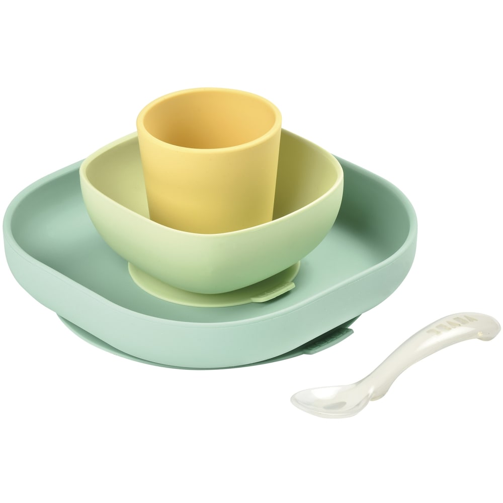 Set vaisselle 4 pièces en silicone Jaune Vert Bleu (Béaba) - Couverture