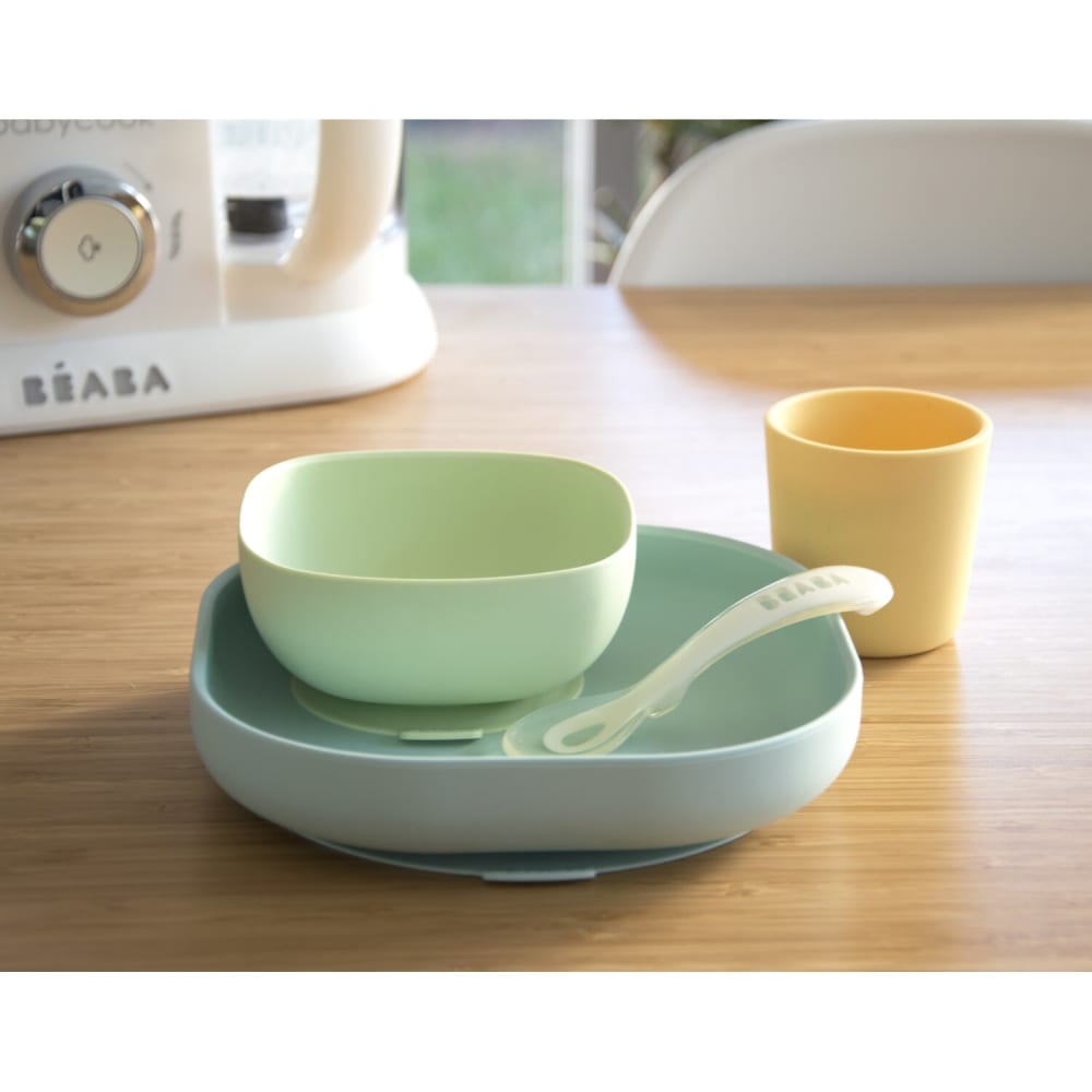 Set vaisselle 4 pièces en silicone Jaune Vert Bleu (Béaba) - Image 1
