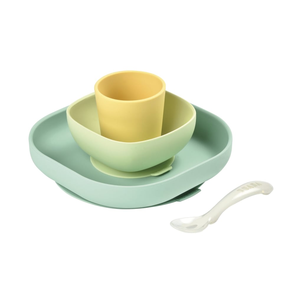 Set vaisselle 4 pièces en silicone Jaune Vert Bleu (Béaba) - Image 2